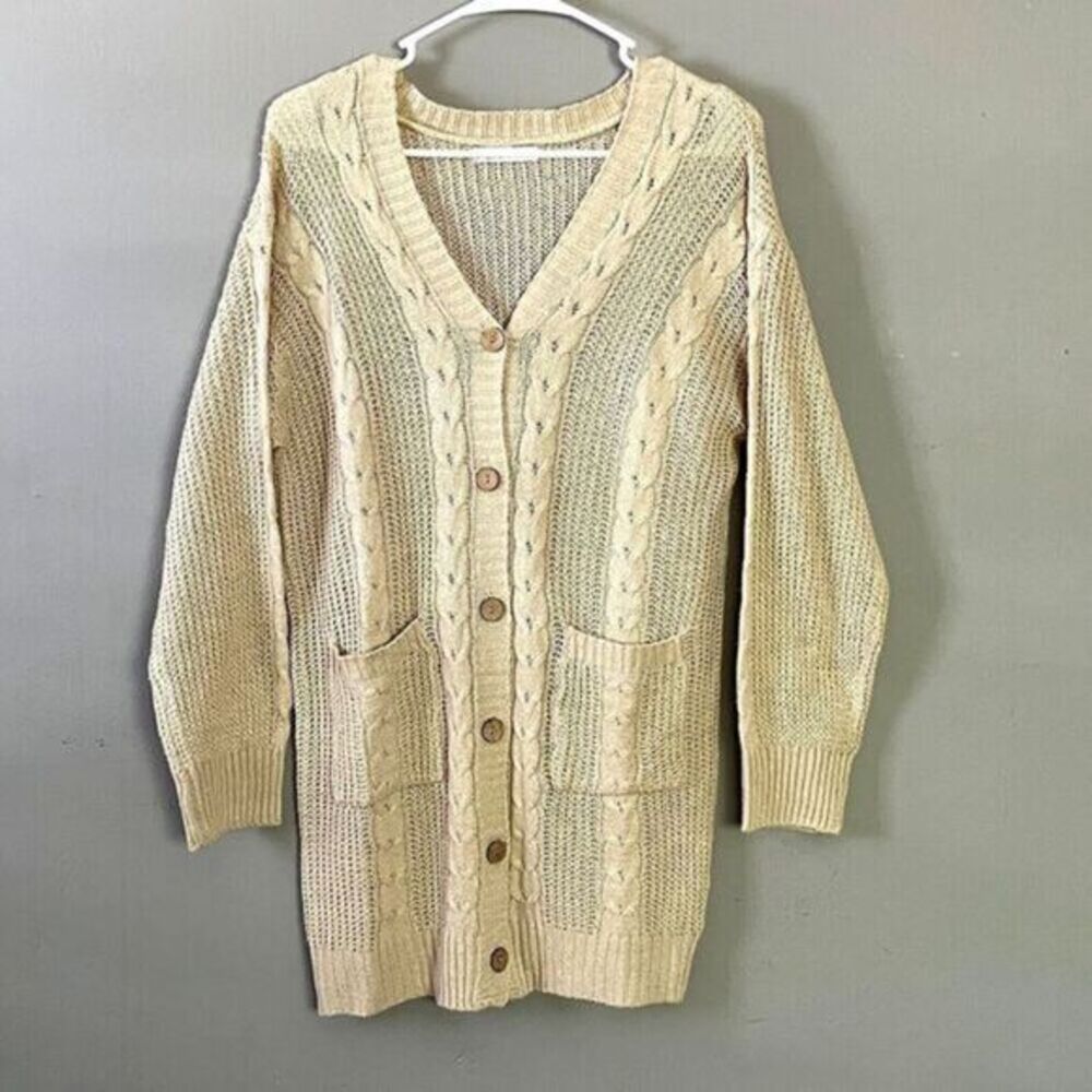 Aster Womens Button Cardigan‎ Chunky Cable Knit Coastal Size L Beige Pockets